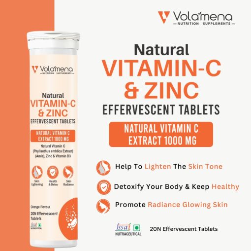 Volamena Natural Amla 1000mg Vitamin C and Zinc 20 Effervescent Tablets Natural Immunity Booster - Orange Flavor